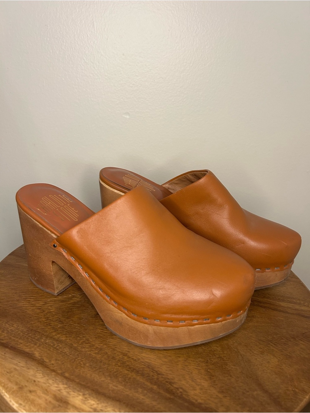 Charlotte Stone Platform Leather Clog Mules in Cognac
